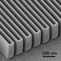 Scanning electron micrograph of the SU-8 mold with 15 &mu;m wide and 180 &mu;m tall walls.